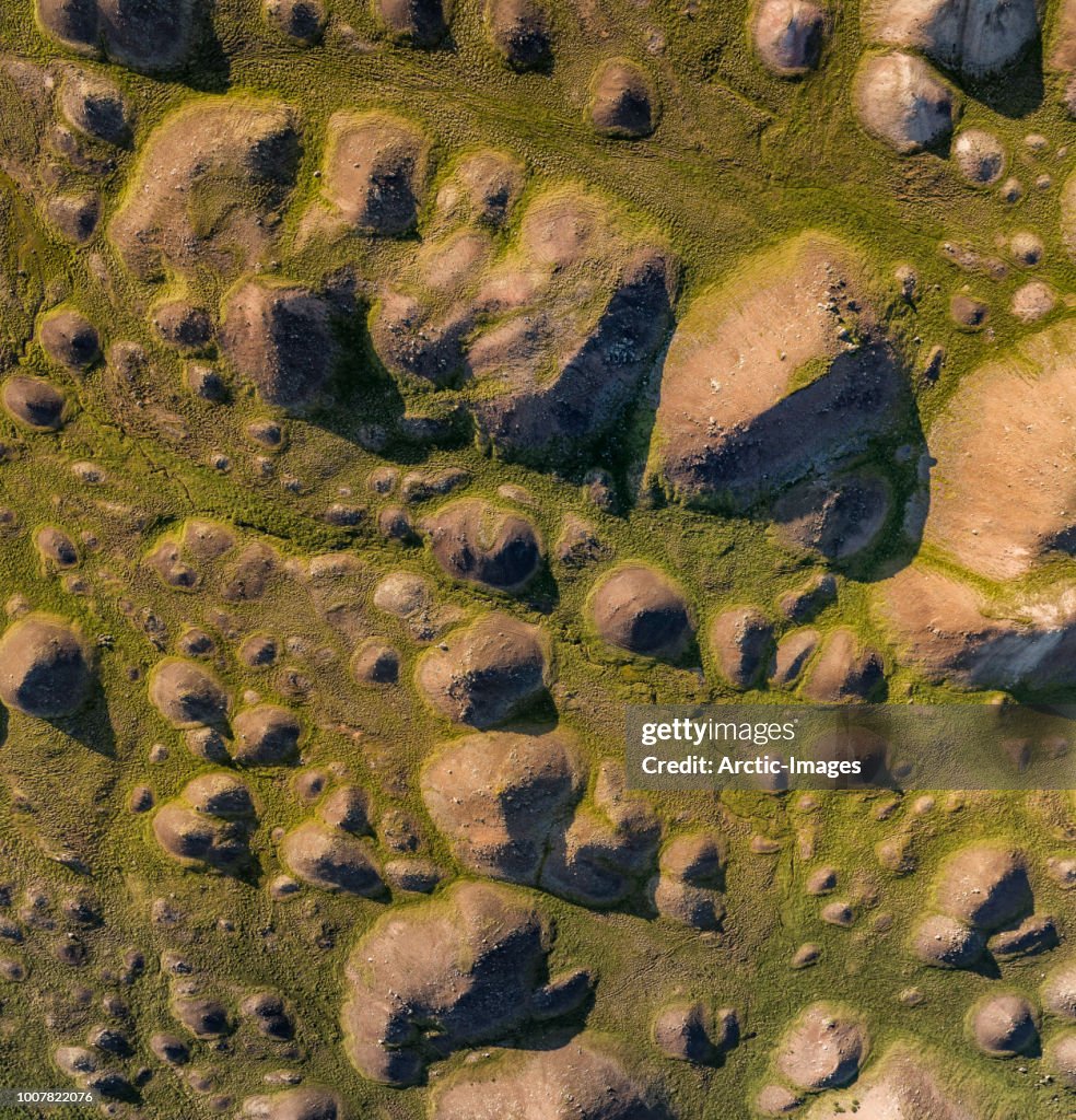 Aerial view of hills and mounds