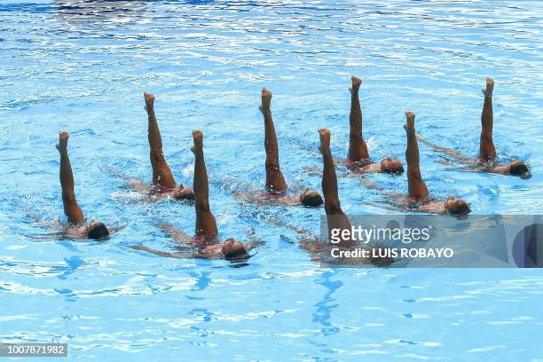 The Venezuelan team competes in the Women's Synchronized Swimming technical routine during the 2018 Central American and Caribbean Games , at the...