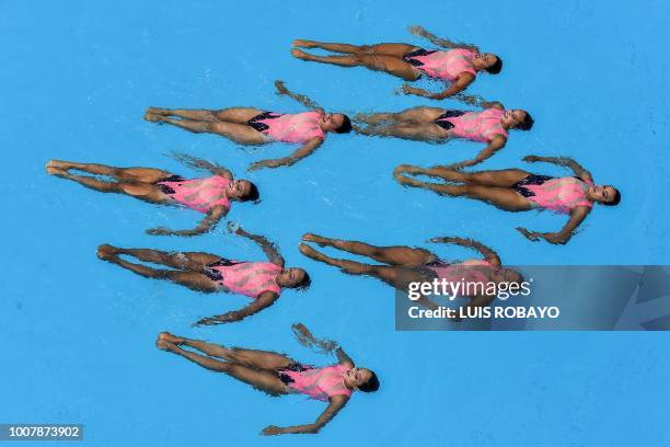 The Colombian team competes in the Women's Synchronized Swimming technical routine during the 2018 Central American and Caribbean Games , at the...