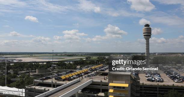 Control tower of the Orlando International Airport, on June 27, 2017. Hundreds of people were taken off a Norwegian Airlines plane on Sunday evening...