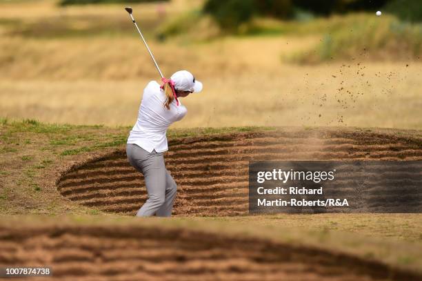 Paula Creamer of the United States hits a bunker shot on the 4th hole during final qualifying for the Ricoh Women's British Open at St Annes Old...