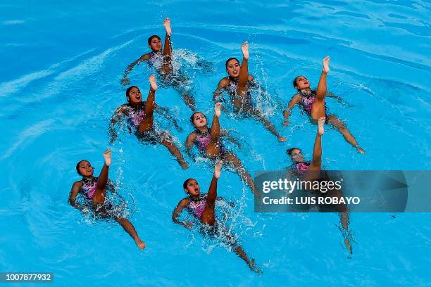 The Guatemalan team competes in the Women's Synchronized Swimming technical routine, during the 2018 Central American and Caribbean Games , at the...
