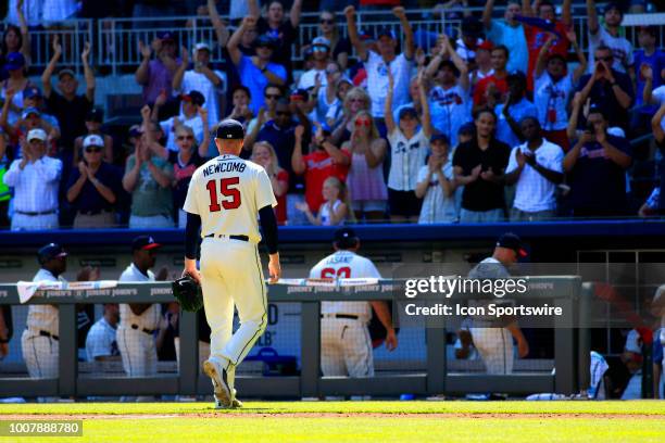 Atlanta Braves Starting pitcher Sean Newcomb leaves game in the 9th inning after throwing a near no-hitter in the MLB game between the Los Angeles...