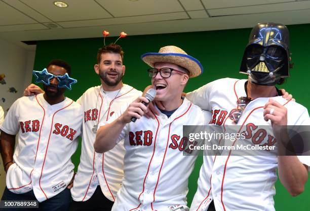 Red Sox players Jackie Bradley Jr., Mitch Moreland, Brock Holt, and Joe Kelly lip sync for the kids at Boston Children's Hospital on July 30, 2018 in...