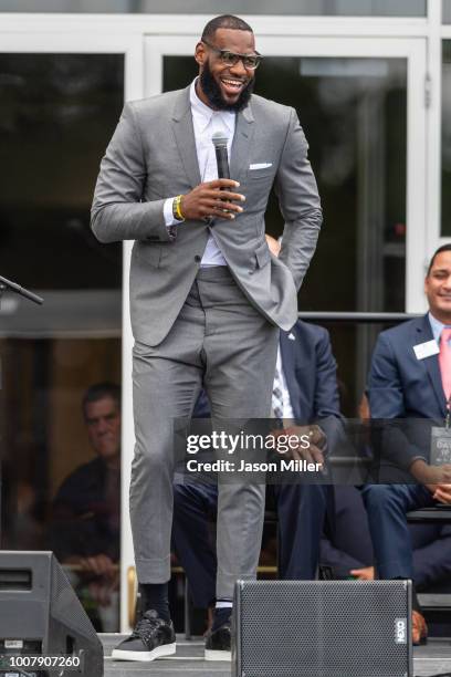 LeBron James addresses the crowd during the opening ceremonies of the I Promise School on July 30, 2018 in Akron, Ohio. The School is a partnership...