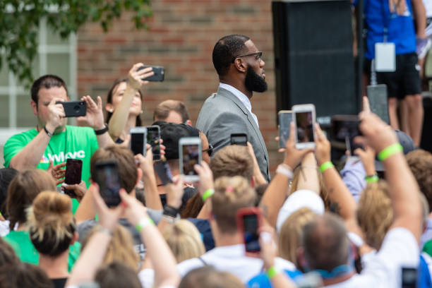 LeBron James makes his way through the crowd during the opening ceremonies of the I Promise School on July 30, 2018 in Akron, Ohio.