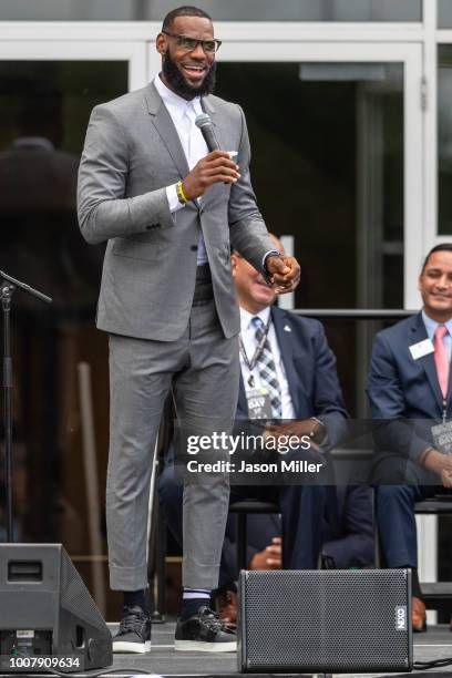 LeBron James during the opening ceremonies of the I Promise School on July 30, 2018 in Akron, Ohio. The School is a partnership between the LeBron...