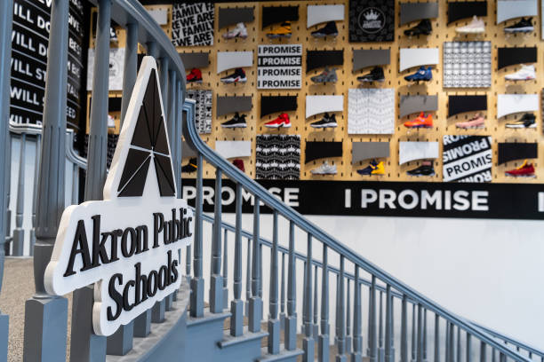 Collection of LeBron James shoes decorate the entrance to the I Promise School on July 30, 2018 in Akron, Ohio. The School is a partnership between...