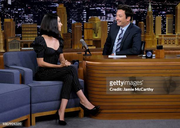 Mila Kunis and host Jimmy Fallon during a segment on "The Tonight Show Starring Jimmy Fallon" at Rockefeller Center on July 30, 2018 in New York City.