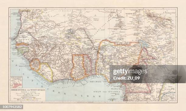 bildbanksillustrationer, clip art samt tecknat material och ikoner med historisk karta över övre - nedre-guinea och west-sudan, litografi, publicerad 1897 - elfenbenskusten