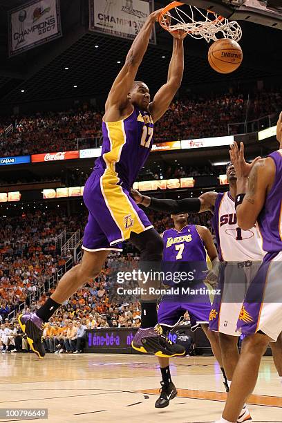 Andrew Bynum of the Los Angeles Lakers dunks the ball against the Phoenix Suns in the first quarter of Game Four of the Western Conference Finals...