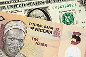 Nigerian 5 Naira Banknote With An American One Dollar Bill