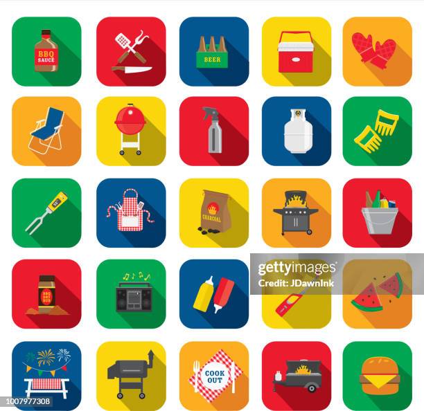 flat design bbq or barbecue themed icon set with shadow - picnic icon stock illustrations