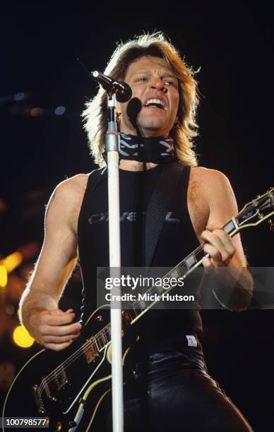 Singer Jon Bon Jovi of Bon Jovi performs on stage at Wembley Stadium in London, England in June 1995.