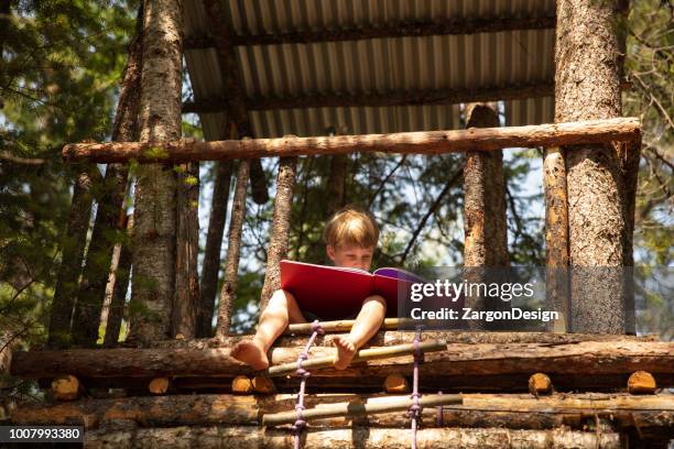 reading in the tree house. - casa de brinquedo imagens e fotografias de stock