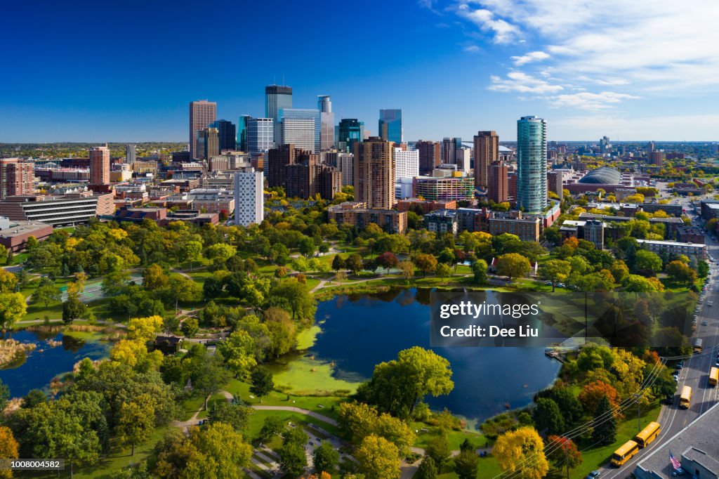 Minneapolis Skyline Aerial With Park And Lake