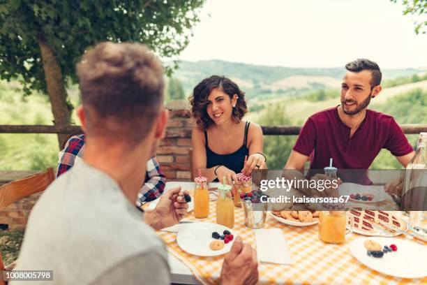 group of friends doing breakfast outdoors in a traditional countryside - garden brunch stock pictures, royalty-free photos & images