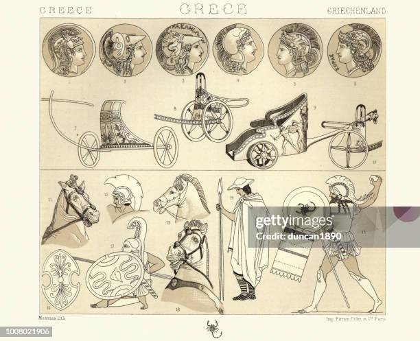 stockillustraties, clipart, cartoons en iconen met oude griekse krijgers en soldaten en strijdwagens - chariot