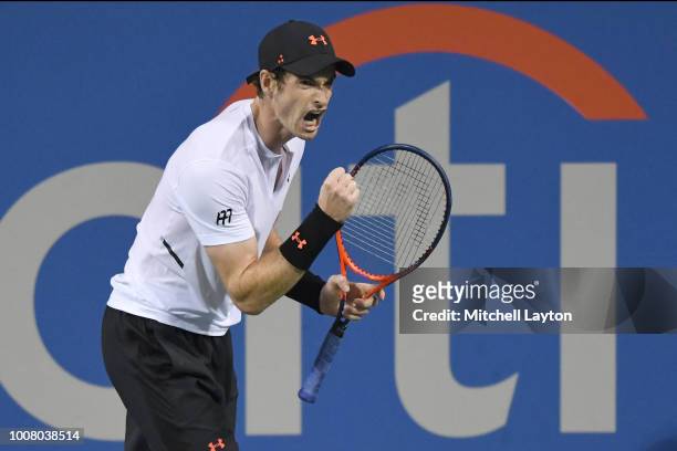 Andy Murray returns a celebrates a shot against Mackenzie McDonald during the Citi Open at the Rock Creek Tennis Center on July 30, 2018 in...