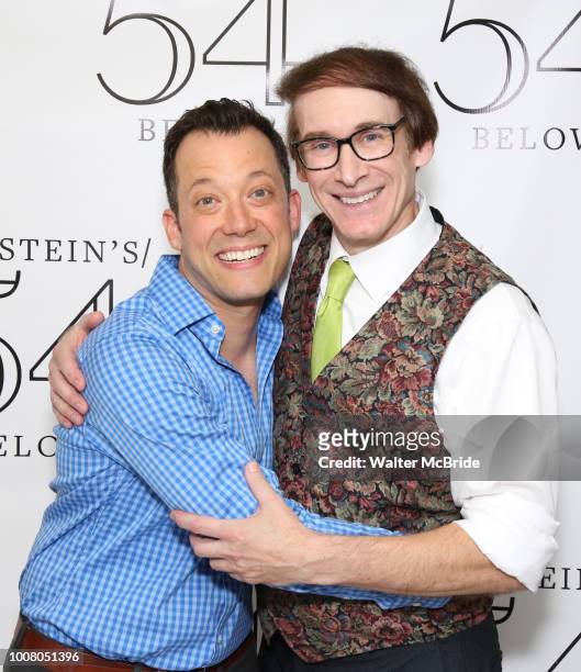 John Tartaglia and Rick Lyon backstage at the 'Avenue Q' 15th Anniversary Reunion Concert at Feinstein's/54 Below on July 30, 2018 in New York City.