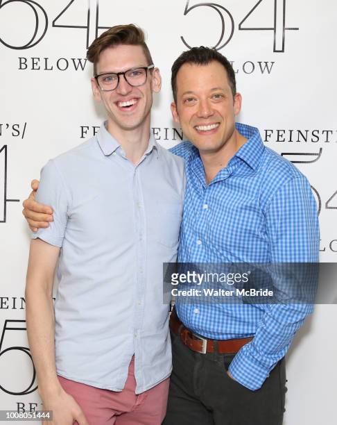 Ben Durocher and John Tartaglia backstage at the 'Avenue Q' 15th Anniversary Reunion Concert at Feinstein's/54 Below on July 30, 2018 in New York...