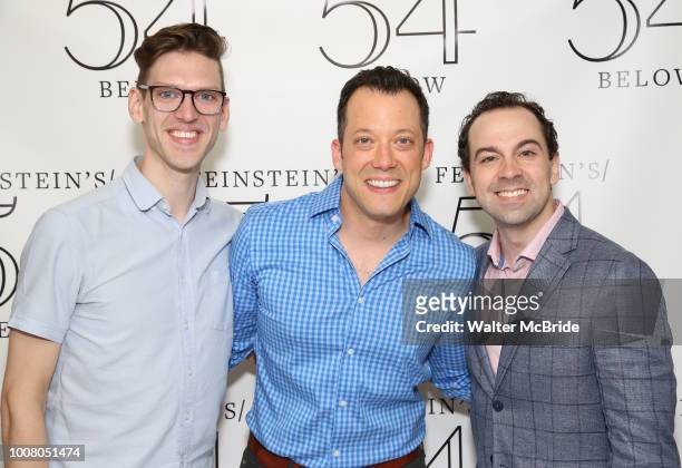 Ben Durocher, John Tartaglia and Rob McClure backstage at the 'Avenue Q' 15th Anniversary Reunion Concert at Feinstein's/54 Below on July 30, 2018 in...