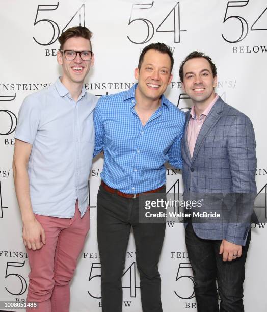 Ben Durocher, John Tartaglia and Rob McClure backstage at the 'Avenue Q' 15th Anniversary Reunion Concert at Feinstein's/54 Below on July 30, 2018 in...