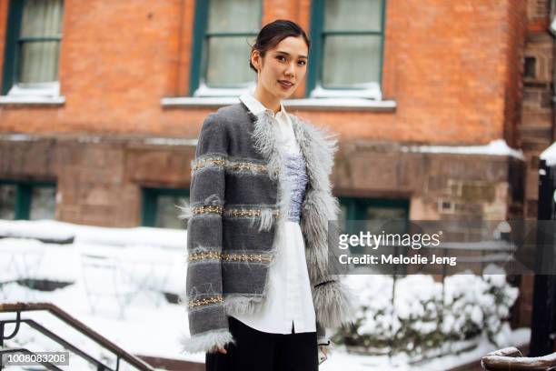 Model Tao Okamoto attends the ADEAM show in a gray jacket at the Highline Hotel on Day 1 of New York Fashion Week Fall/Winter 2017 on February 09,...