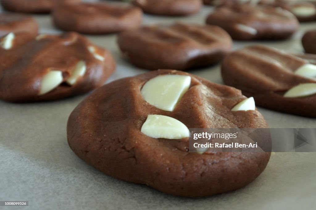 White Chocolate Chip Cookies on a Tray Ready to be Baked