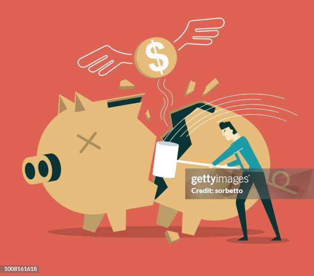 broken piggy bank - relieved man stock illustrations