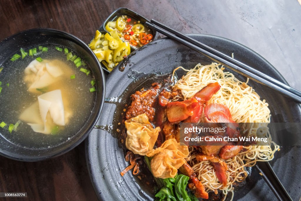 Close-up of a plate of wonton noodle