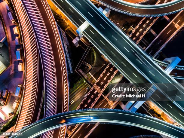 aerial view of vacant intersection in twilight - crossroad top view stock pictures, royalty-free photos & images