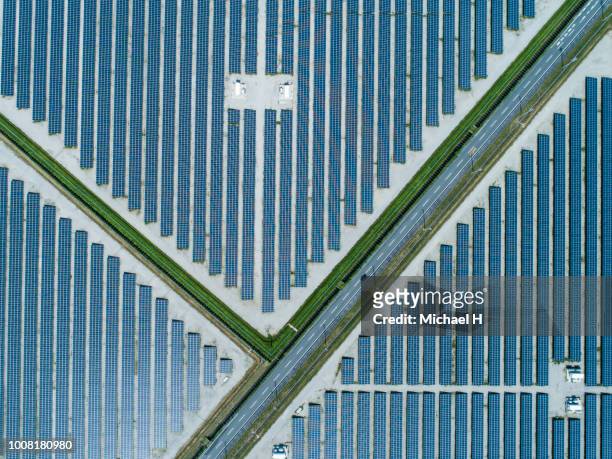 Aerial view of lined up solar panels