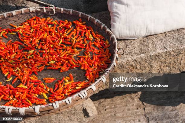 basket of dried chili peppers for sale, displayed on a counter. - trying new food stock pictures, royalty-free photos & images