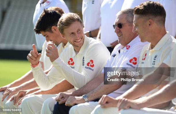 Joe Root of England gets ready for a team photograph before the 1st Specsavers Test Match between England and India at Edgbaston on July 31, 2018 in...