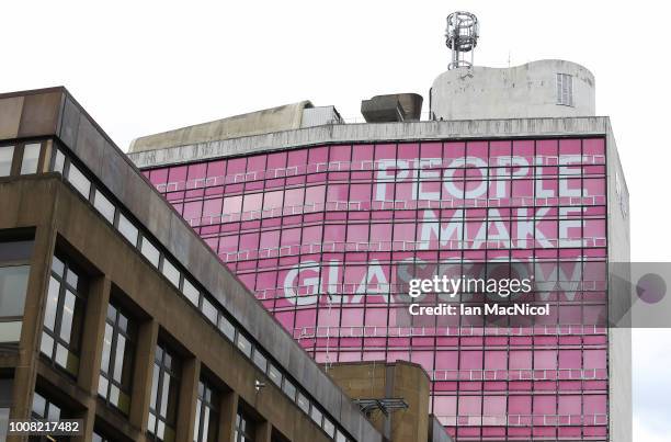 Signage is displayed in George Square prior to the European Championships Glasgow 2018 on July 31, 2018 in Glasgow, Scotland.