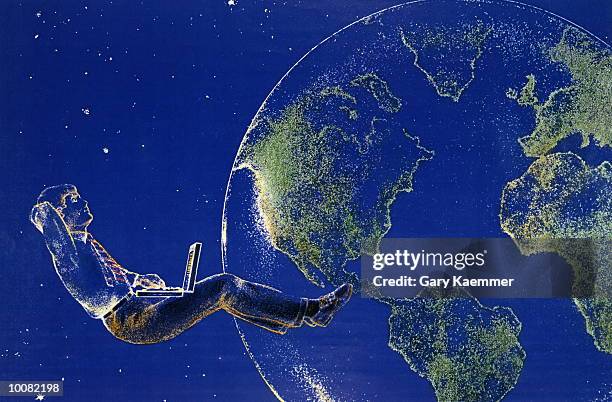 laptop user orbiting earth - floating laptop stock illustrations