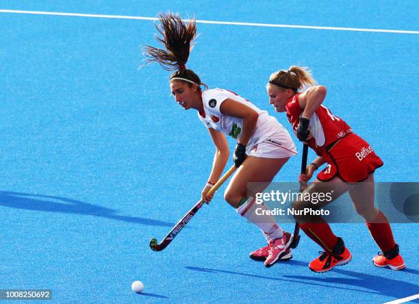 Julia of Spain and GERNIERS Alix of Belgium during FIH Hockey Women's World Cup 2018 Day Nine match Cross-Over game 26 between Belgium and Spain at...