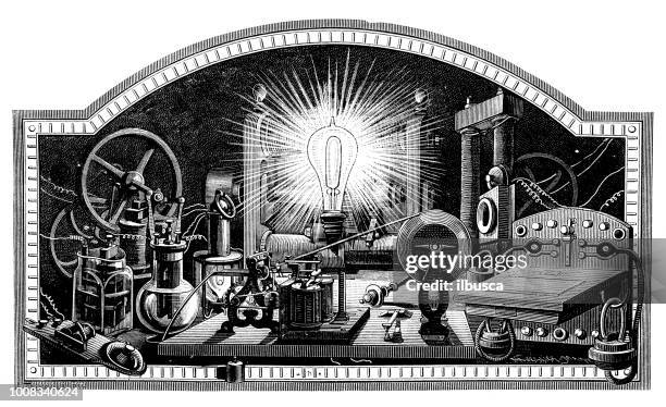 stockillustraties, clipart, cartoons en iconen met antieke wetenschappelijke gravure illustratie: science gloeilamp-uitvinding - antique lightbulb