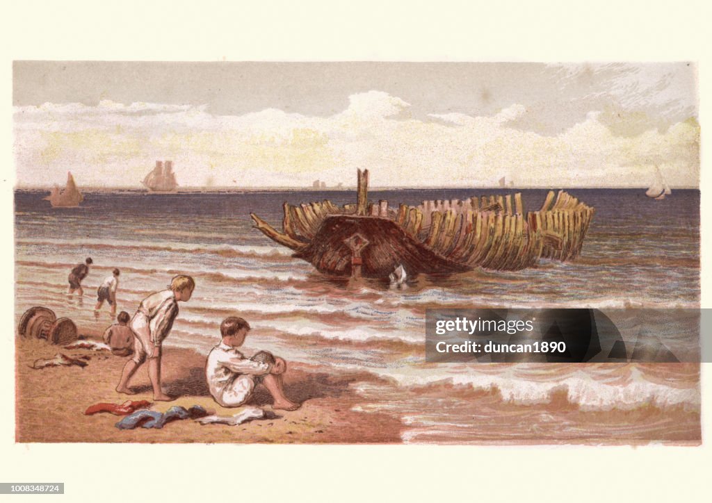 Victorian playing on the beach in front of a shipwreck,