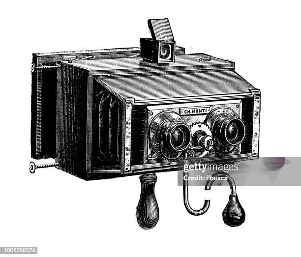 antique scientific engraving illustration: stereoscopic camera - stereo stock illustrations
