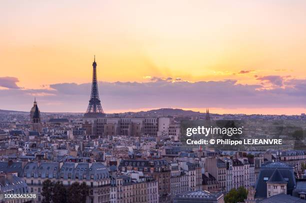 paris skyline at sunset with eiffel tower - paris skyline fotografías e imágenes de stock