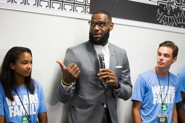 LeBron James addresses the media following the grand opening of the I Promise school on July 30, 2018 in Akron, Ohio. The new school is a partnership...