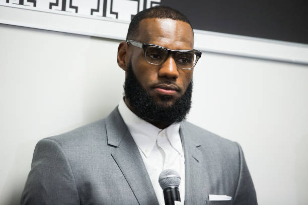 LeBron James addresses the media following the grand opening of the I Promise school on July 30, 2018 in Akron, Ohio. The new school is a partnership...