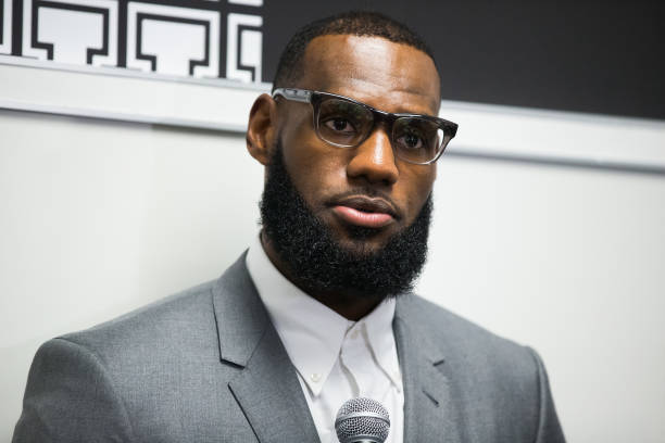 LeBron James addresses the media following the grand opening of the I Promise school on July 30, 2018 in Akron, Ohio. The new school is a partnership...