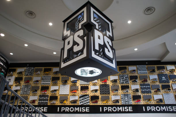 Display of LeBron James' sneakers in the lobby of the new I Promise school on July 30, 2018 in Akron, Ohio. The new school is a partnership between...