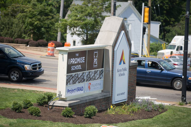 New school signage is seen at the grand opening of the I Promise school on July 30, 2018 in Akron, Ohio. The new school is a partnership between the...