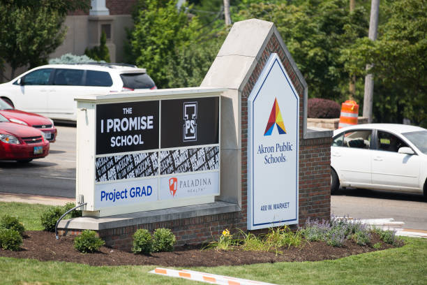 New school signage is seen at the grand opening of the I Promise school on July 30, 2018 in Akron, Ohio. The new school is a partnership between the...