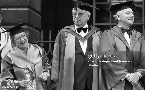 Maureen Potter, Hugh Leonard and Gay Byrne at Trinity College to receive honorary degrees to celebrate the Millennium, circa March 1988 .