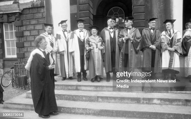 Maureen Potter, Hugh Leonard and Gay Byrne at Trinity College to receive honorary degrees to celebrate the Millennium, circa March 1988 .